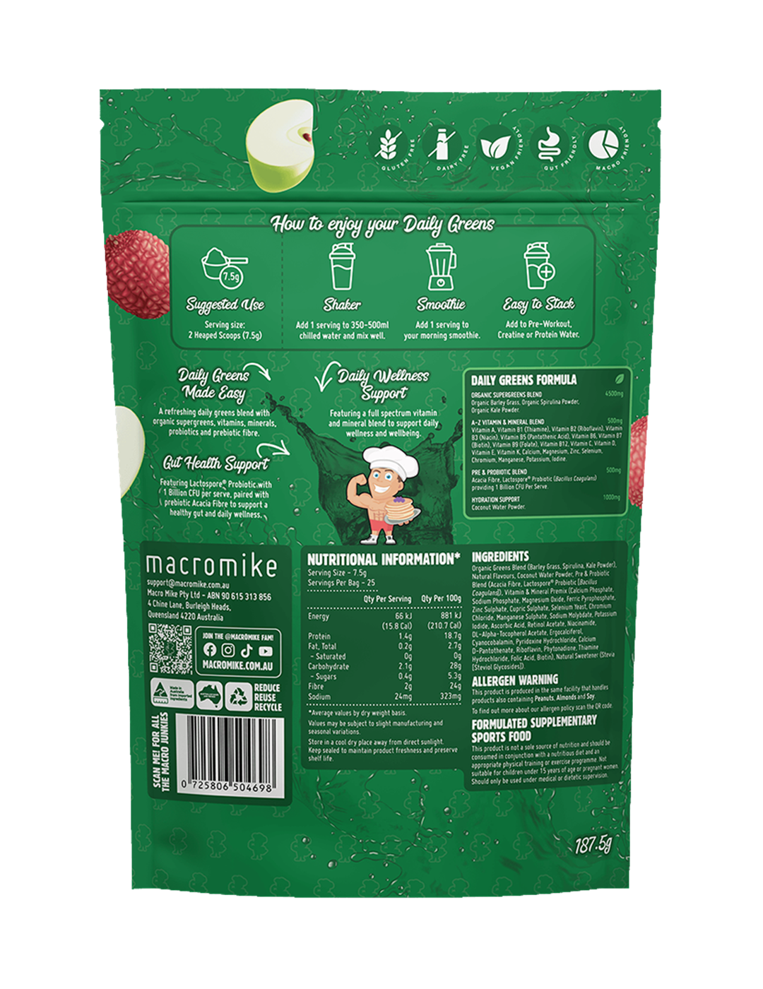 Macro Mike Daily Greens Apple Lychee Splash 187.5g Nutrition Information Panel – Macro Mike | ASN