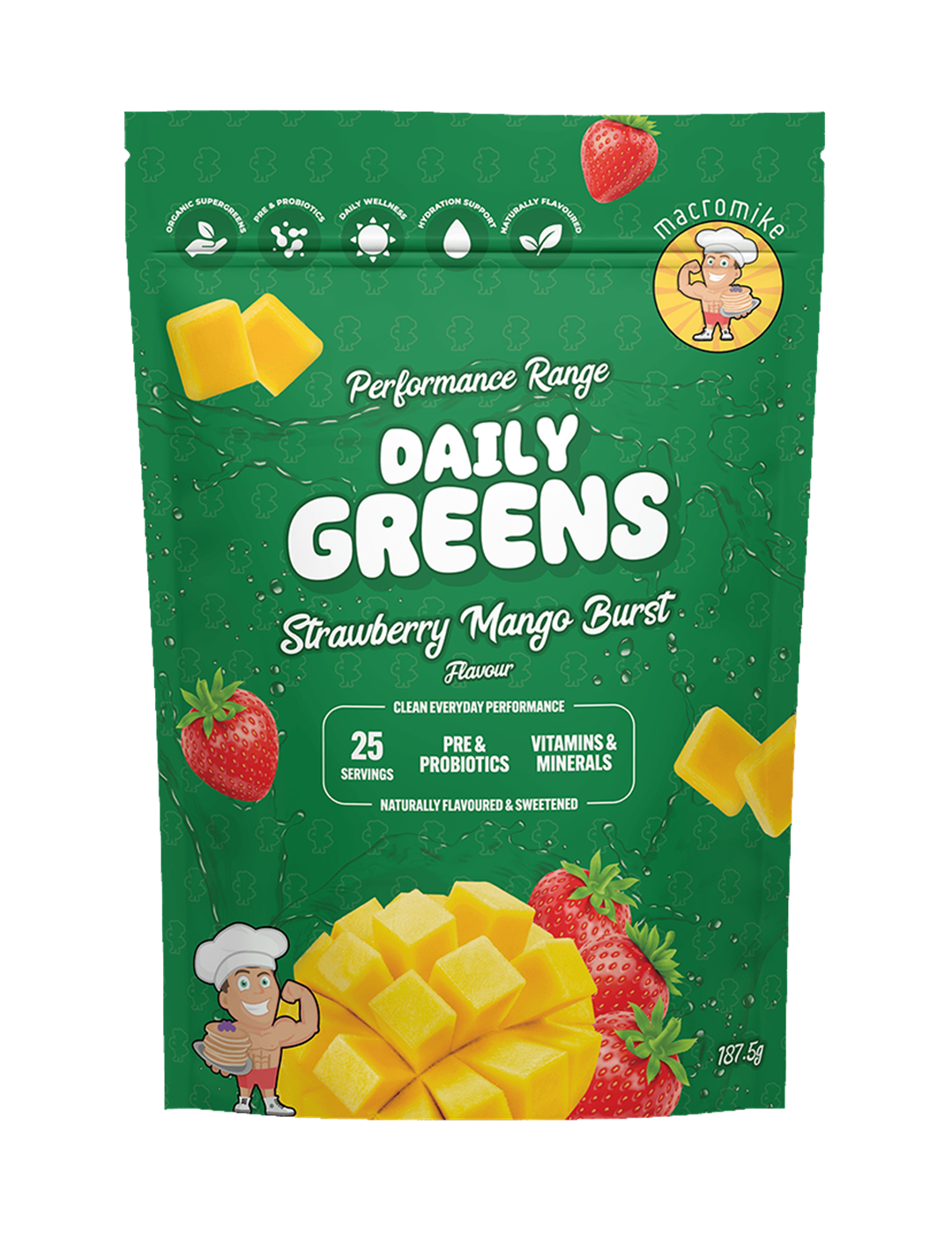 Macro Mike Daily Greens Strawberry Mango Burst 187.5g Front – Macro Mike | ASN