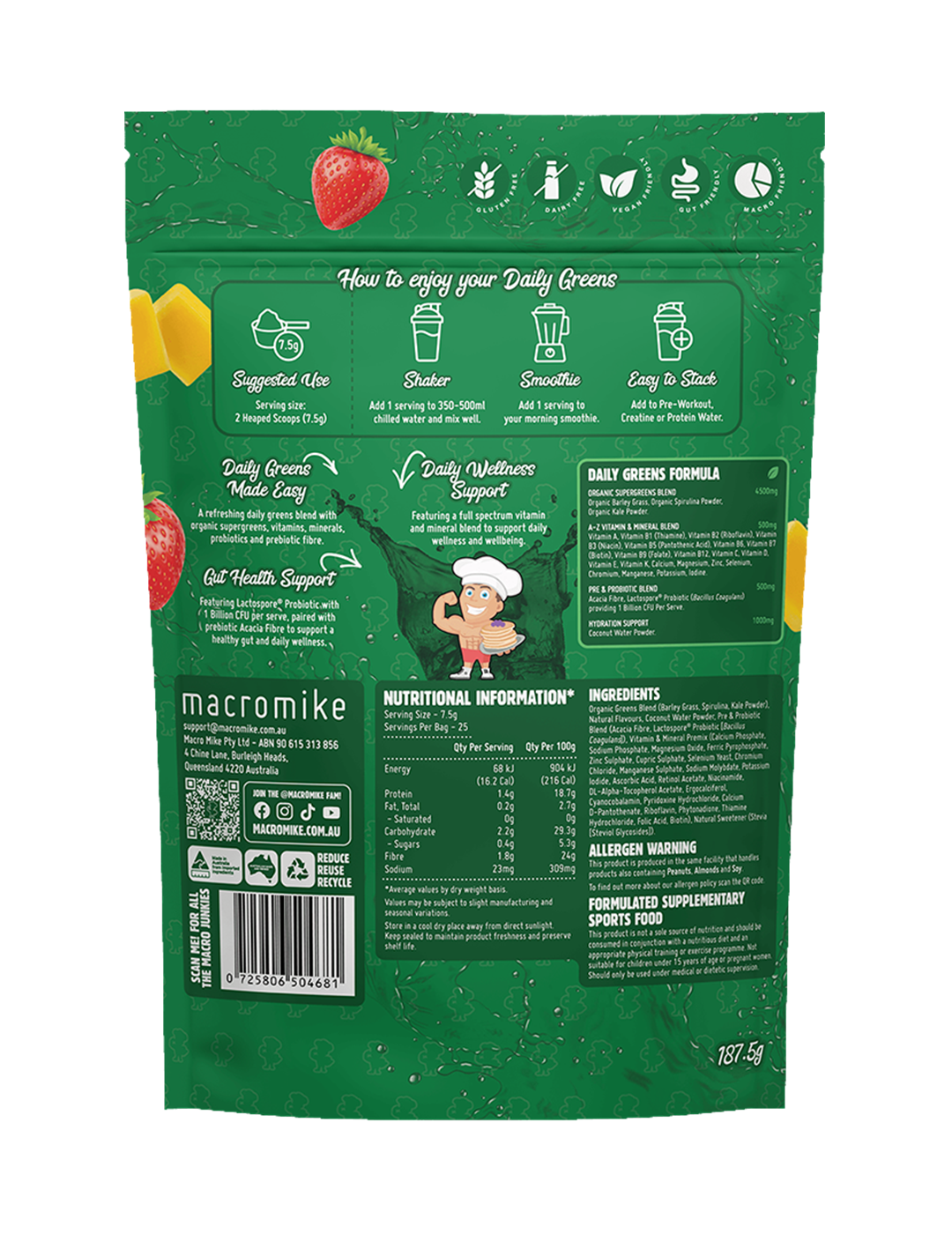 Macro Mike Daily Greens Strawberry Mango Burst 187.5g Nutrition Information Panel – Macro Mike | ASN