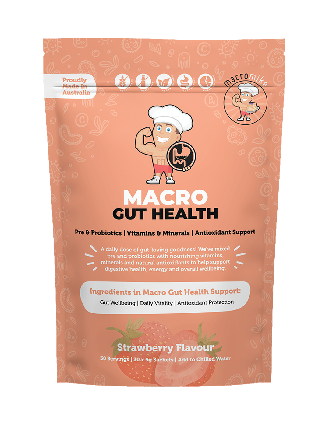 Macro Mike Macro Gut Health Strawberry 30x5g Front – Macro Mike | ASN