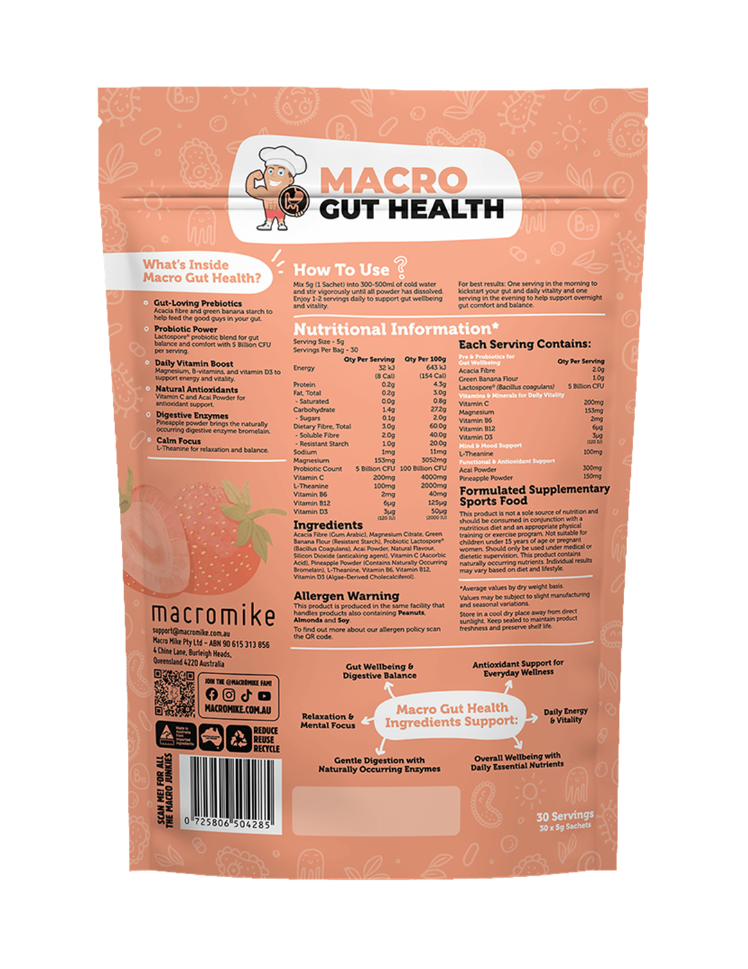 Macro Mike Macro Gut Health Strawberry 30x5g Nutrition Information Panel – Macro Mike | ASN