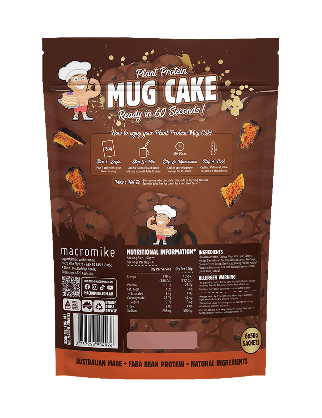 Macro Mike Plant Protein Mug Cake Caramelised Choc Honeycomb 6x50g Nutrition Information Panel – Macro Mike | ASN