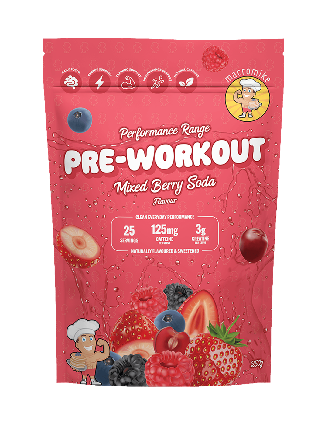 Macro Mike Pre-Workout Mixed Berry Soda 250g Front – Macro Mike | ASN
