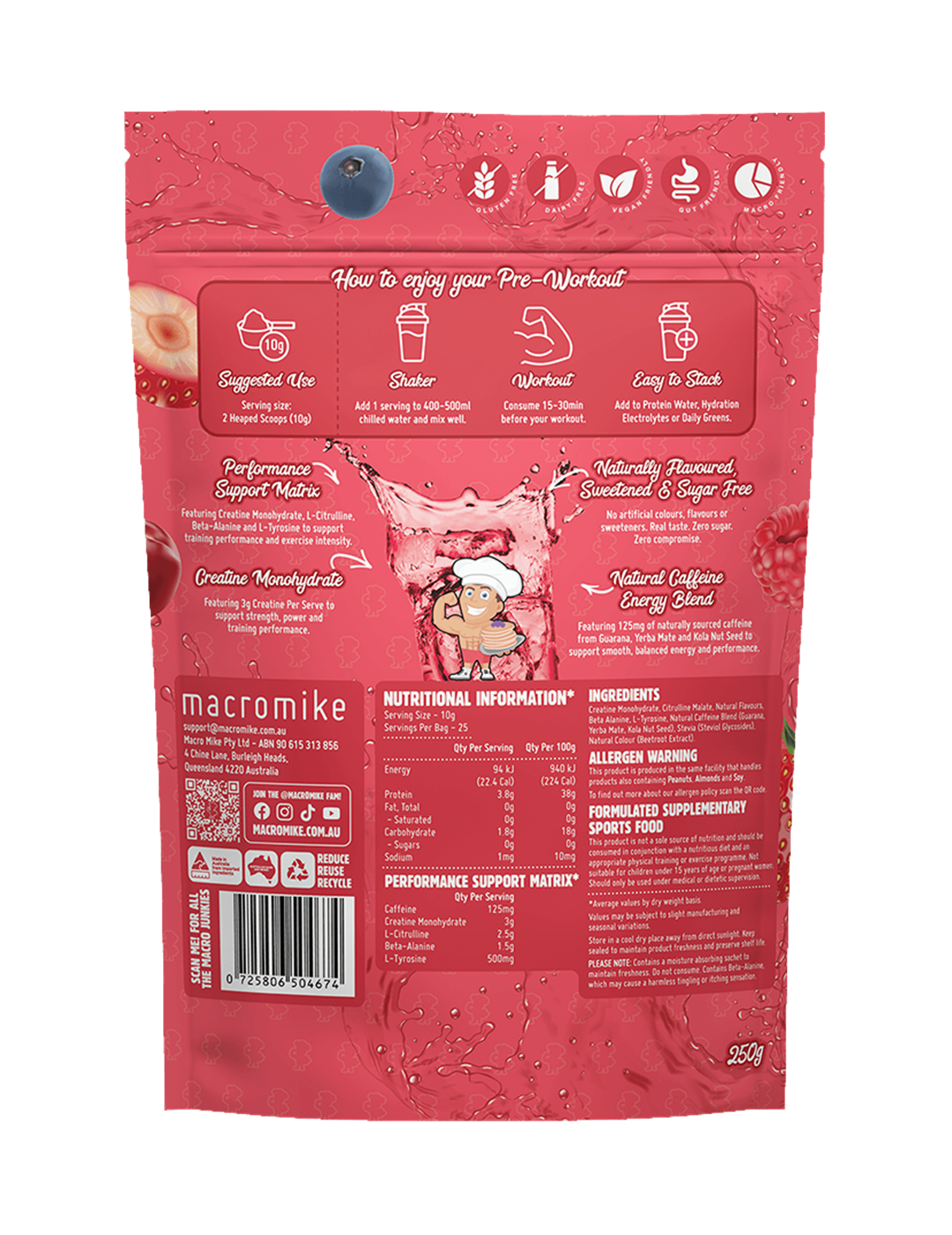 Macro Mike Pre-Workout Mixed Berry Soda 250g Nutrition Information Panel – Macro Mike | ASN