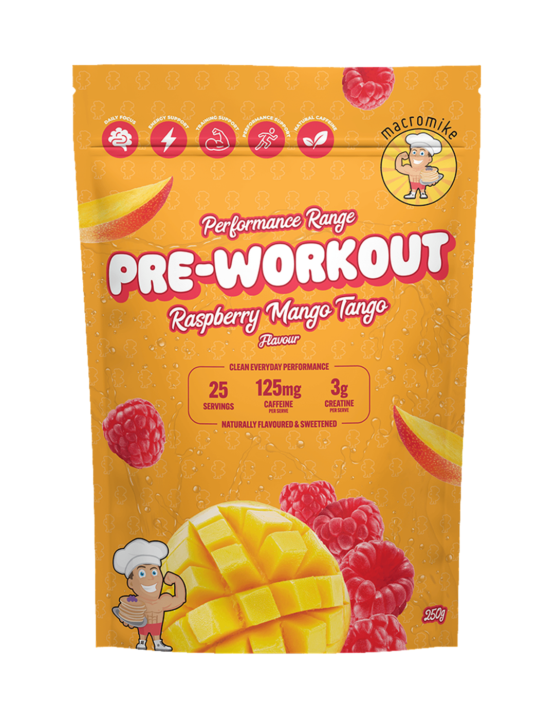 Macro Mike Pre-Workout Raspberry Mango Tango 250g Front – Macro Mike | ASN