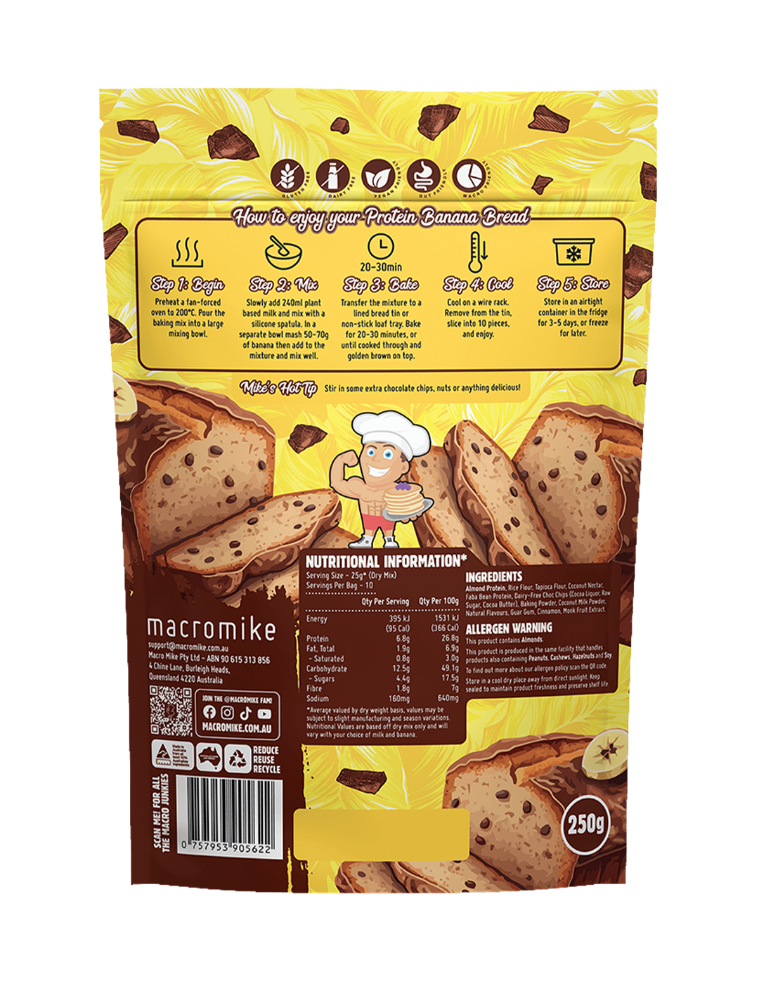 Macro Mike Baking Mix Choc Chip Banana Bread 250g Nutrition Information Panel – Macro Mike | ASN
