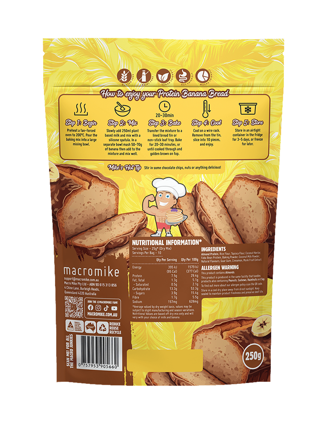 Macro Mike Baking Mix Original Banana Bread 250g Nutrition Information Panel – Macro Mike | ASN