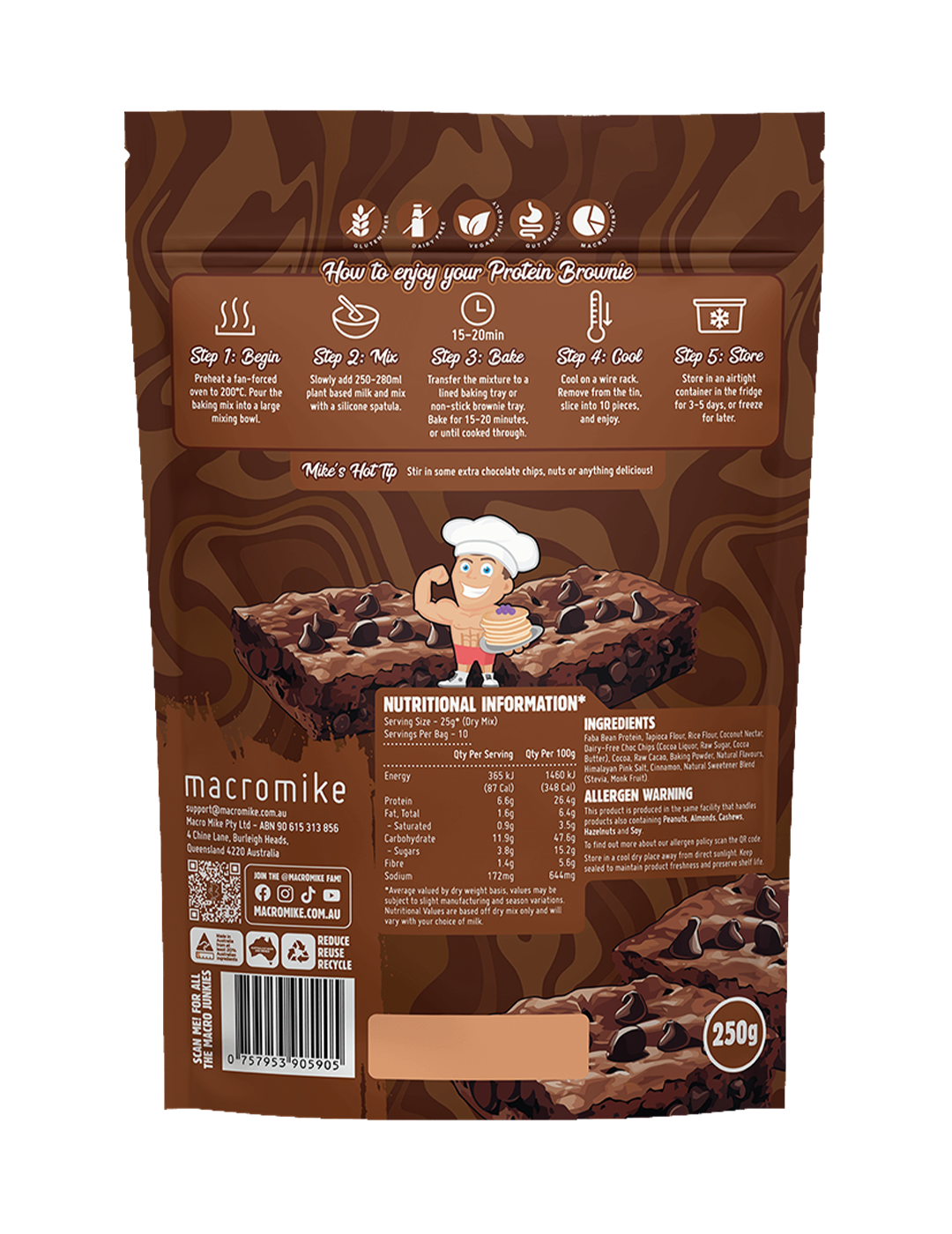 Macro Mike Baking Mix Double Choc Chip Brownie 250g Nutrition Information Panel – Macro Mike | ASN