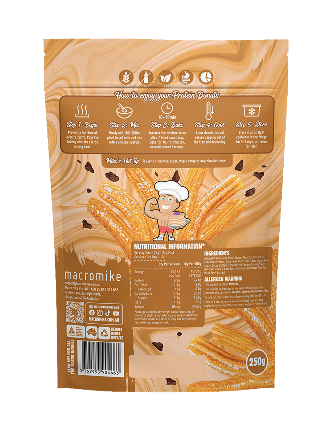 Macro Mike Baking Mix Choc Chip Cinnamon Churros Donut 250g Nutrition Information Panel – Macro Mike | ASN