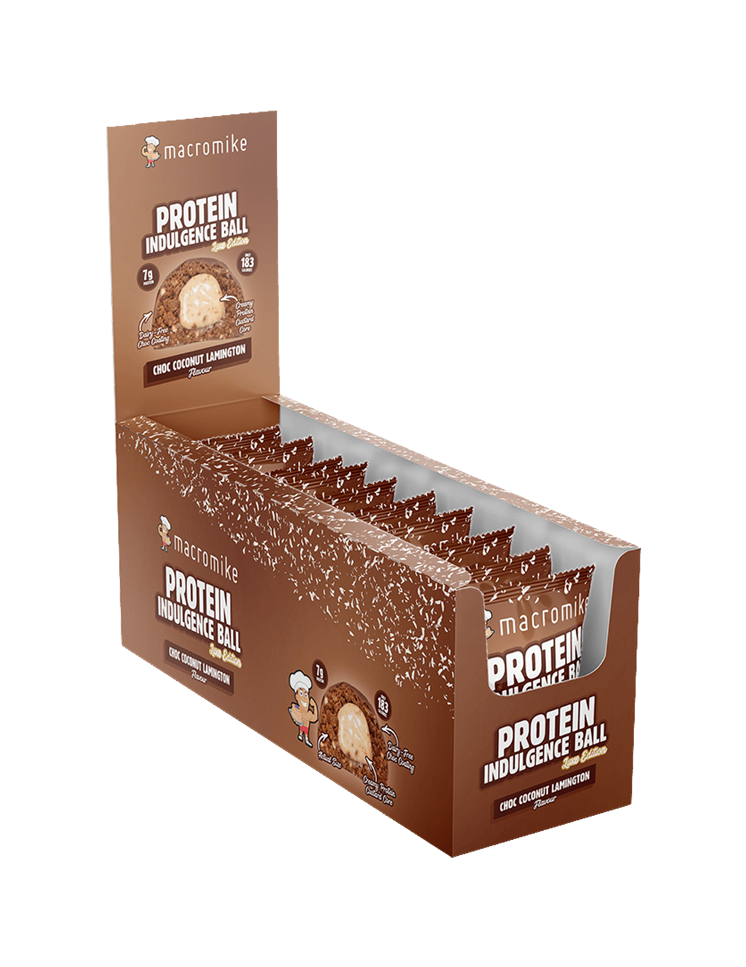 Macro Mike Protein Indulgence Ball Choc Coconut Lamington 12x40g Front – Macro Mike | ASN