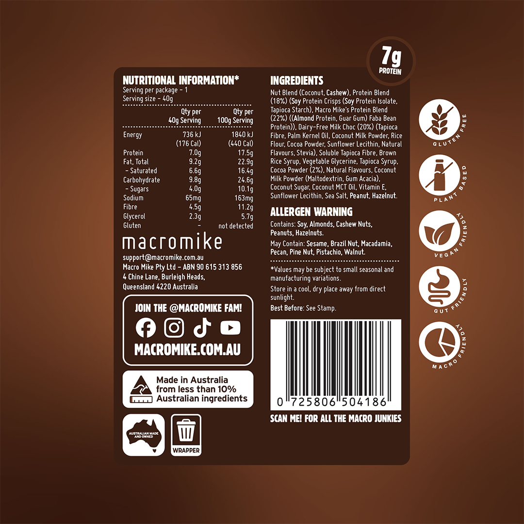 Macro Mike Protein Indulgence Ball Choc Brownie 40g Nutrition Information Panel – Macro Mike | ASN