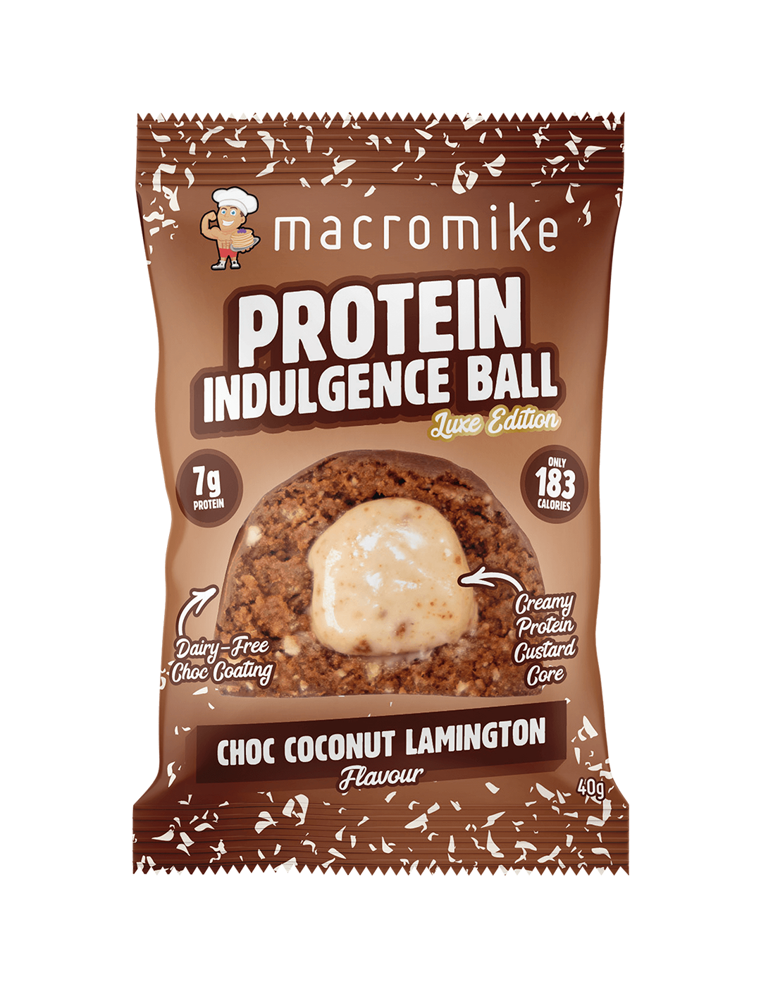 Macro Mike Protein Indulgence Ball Choc Coconut Lamington 40g Front – Macro Mike | ASN
