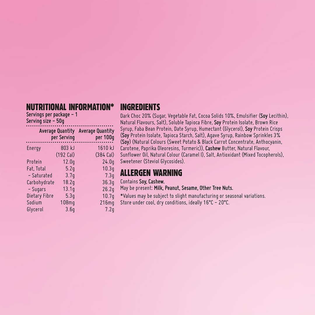 Macro Mike Protein Indulgence Bar Chocolate Birthday Cake 50g Nutrition Information Panel – Macro Mike | ASN