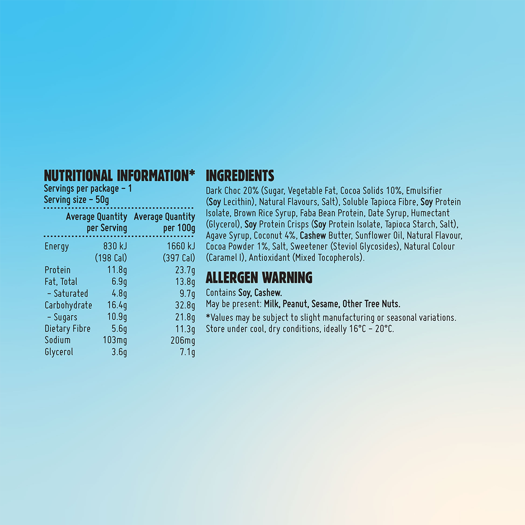 Macro Mike Protein Indulgence Bar Chocolate Coconut Bliss 50g Nutrition Information Panel – Macro Mike | ASN