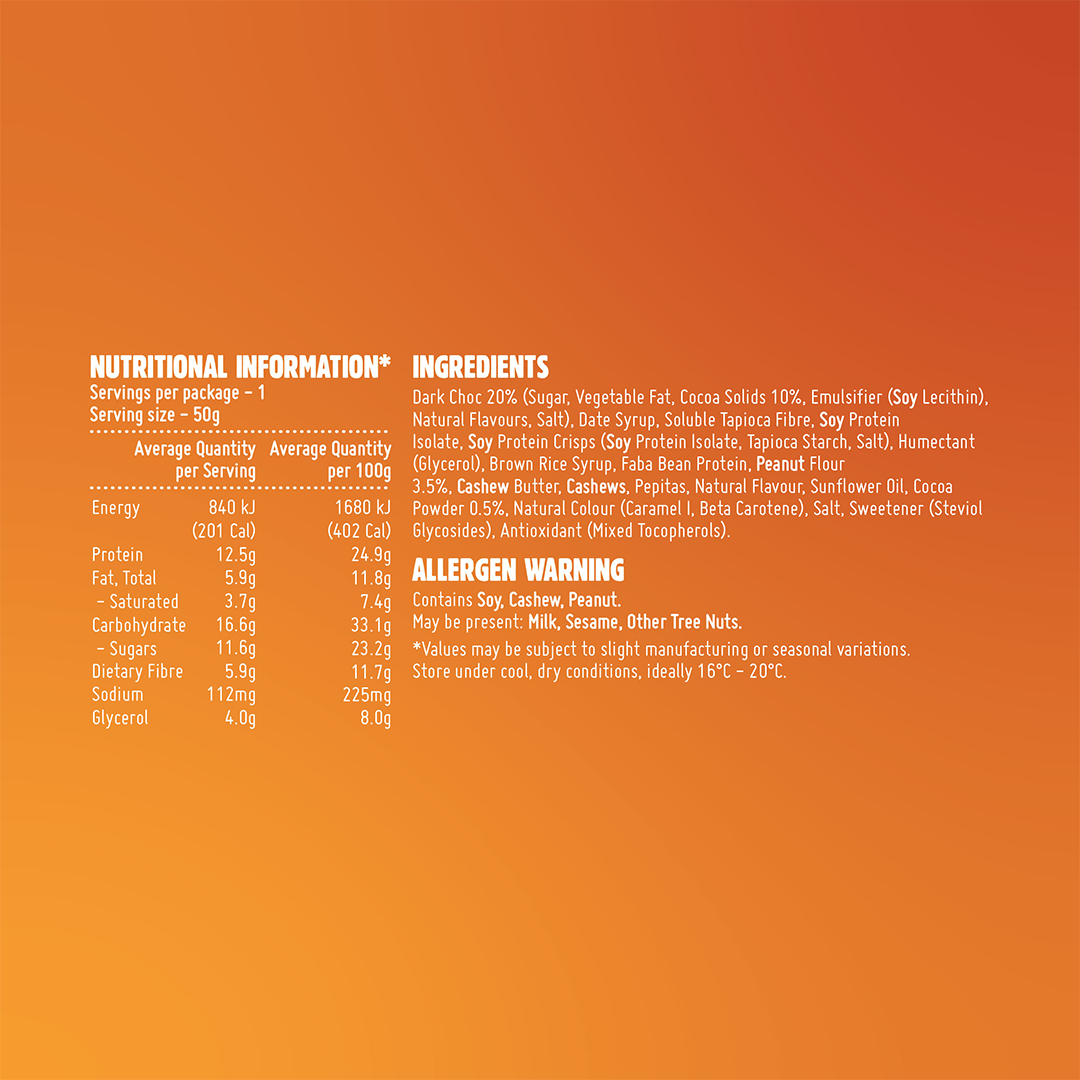 Macro Mike Protein Indulgence Bar Peanut Chocolate Caramel Crunch 50g Nutrition Information Panel – Macro Mike | ASN
