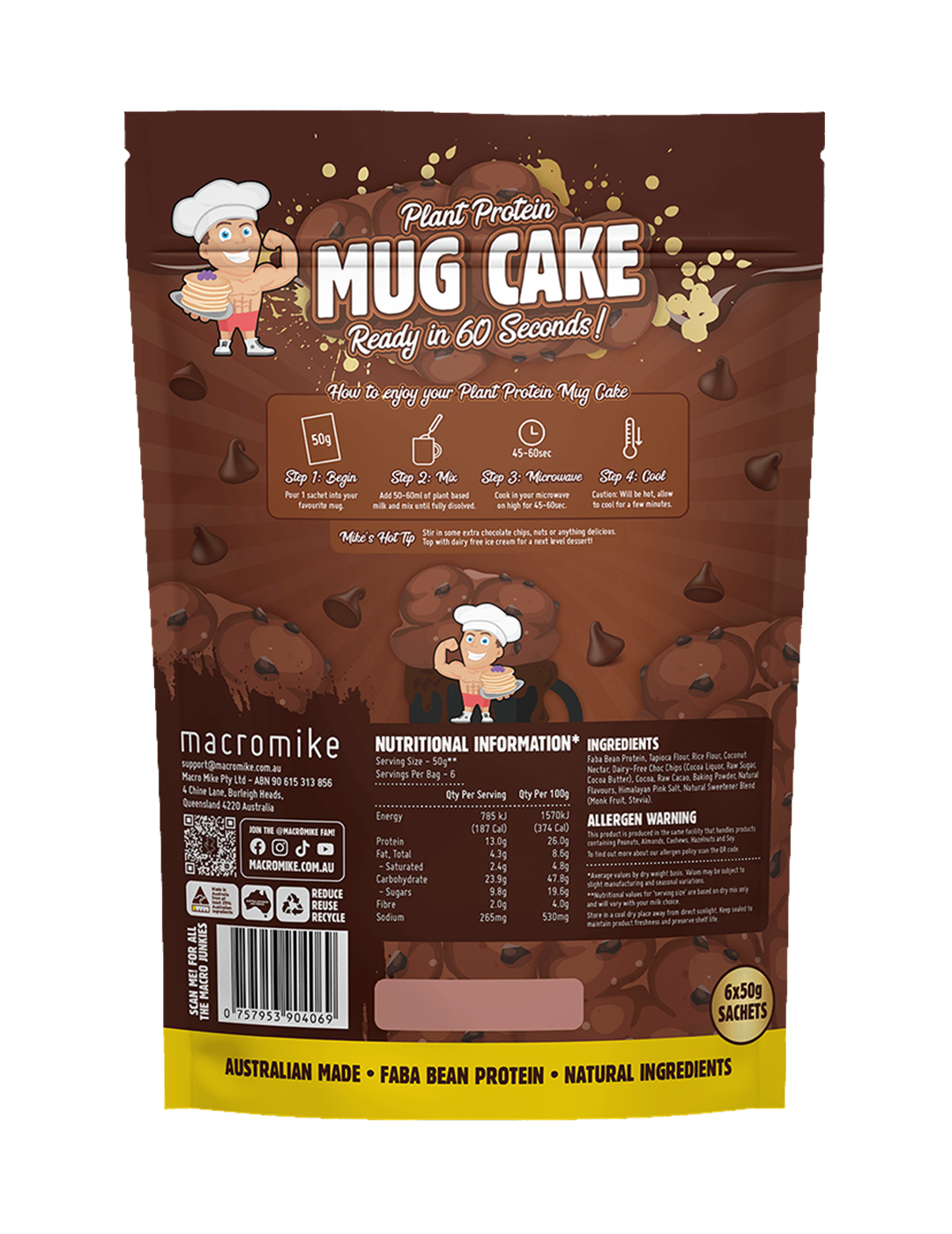 Macro Mike Plant Protein Mug Cake Double Choc Fudge 6x50g Nutrition Information Panel – Macro Mike | ASN