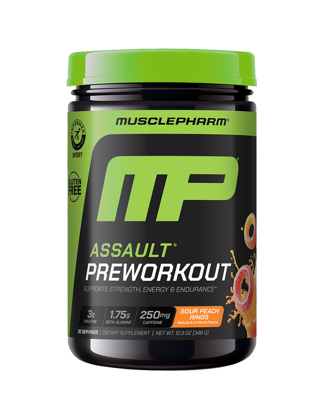 MusclePharm Assault Pre-Workout Sour Peach Rings 30 Servings Tub Front – MusclePharm | ASN
