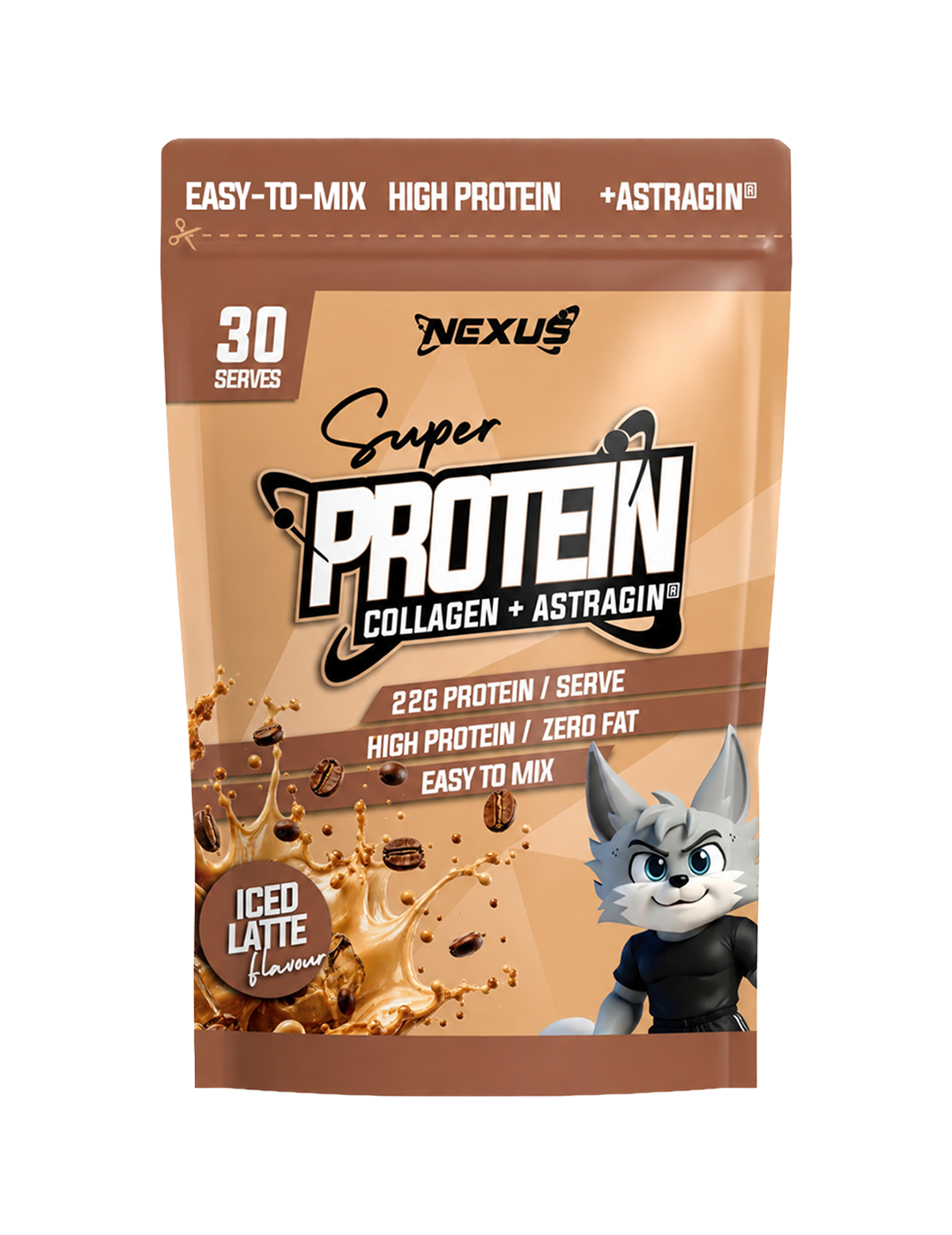Nexus Super Protein Collagen + Astragin Iced Latte 30 Servings Pouch Front – Nexus Sports Nutrition | ASN