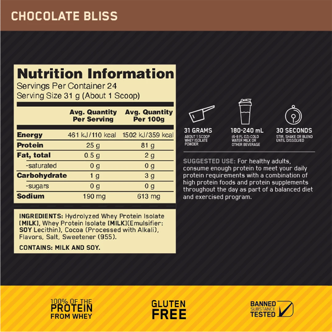 ON Gold Standard Isolate Label Chocolate Bliss 24 Servings | ASN