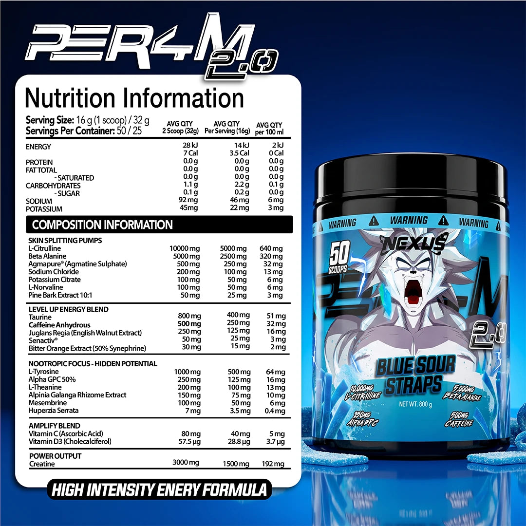 Nexus PER4M 2.0 Pre-Workout Blue Sour Straps Nutrition Information Panel – Nexus Sports Nutrition | ASN