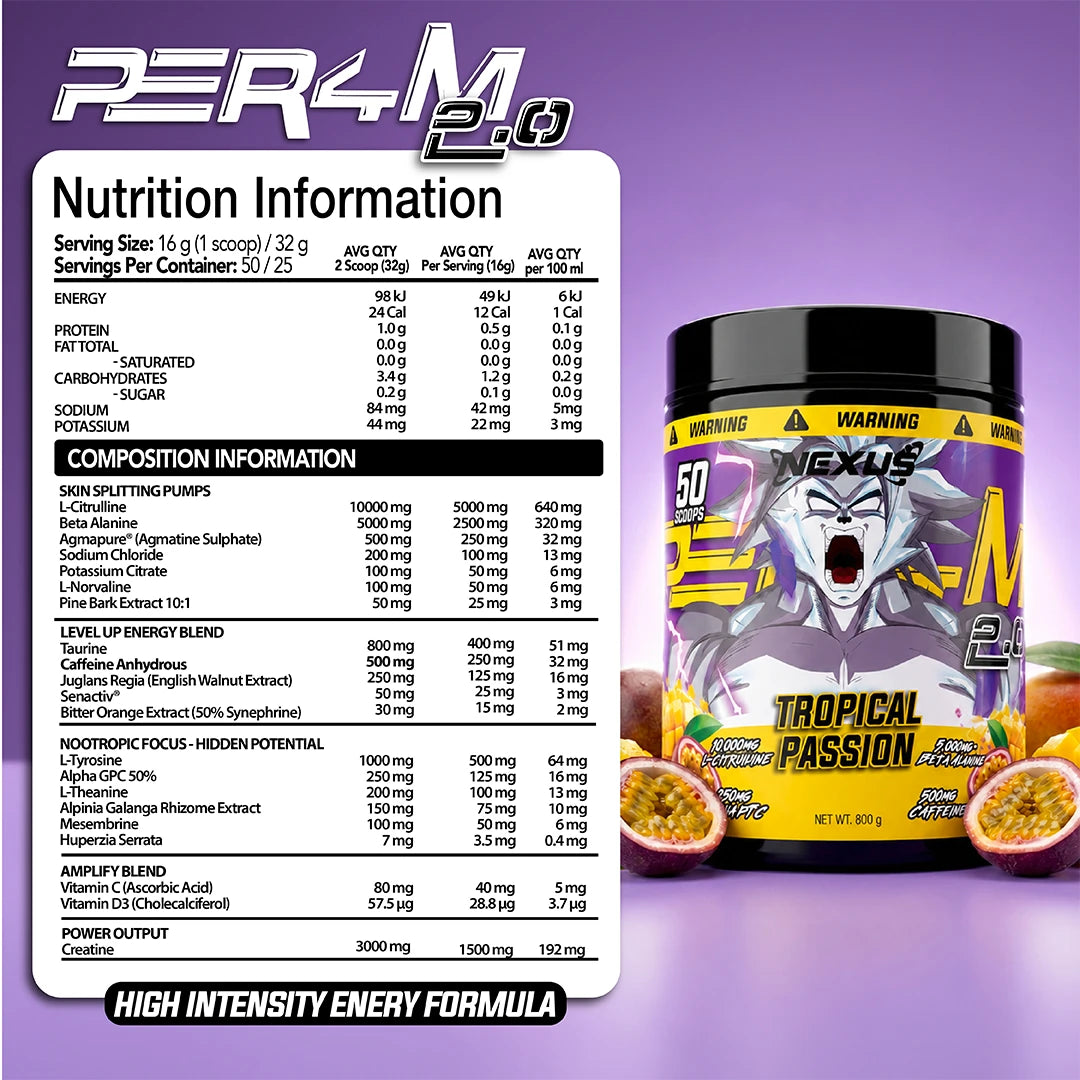 Nexus PER4M 2.0 Pre-Workout Tropical Passion Nutrition Information Panel – Nexus Sports Nutrition | ASN