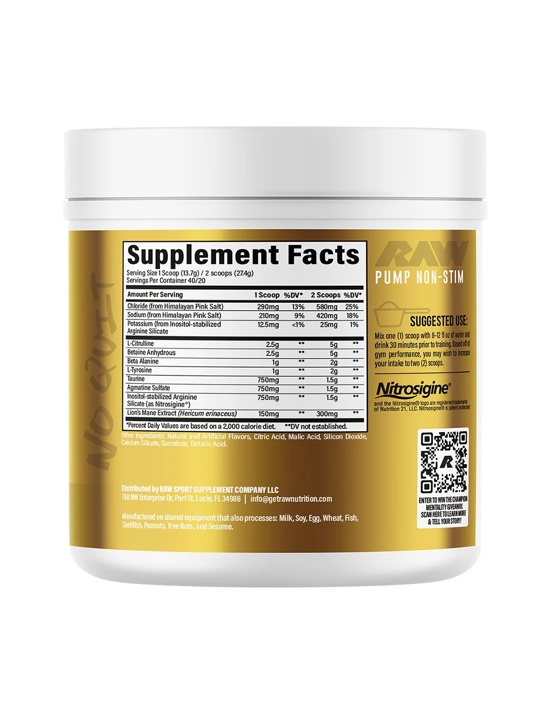 RAW Pump Non Stim 40 Servings Champion Mentality Back | ASN