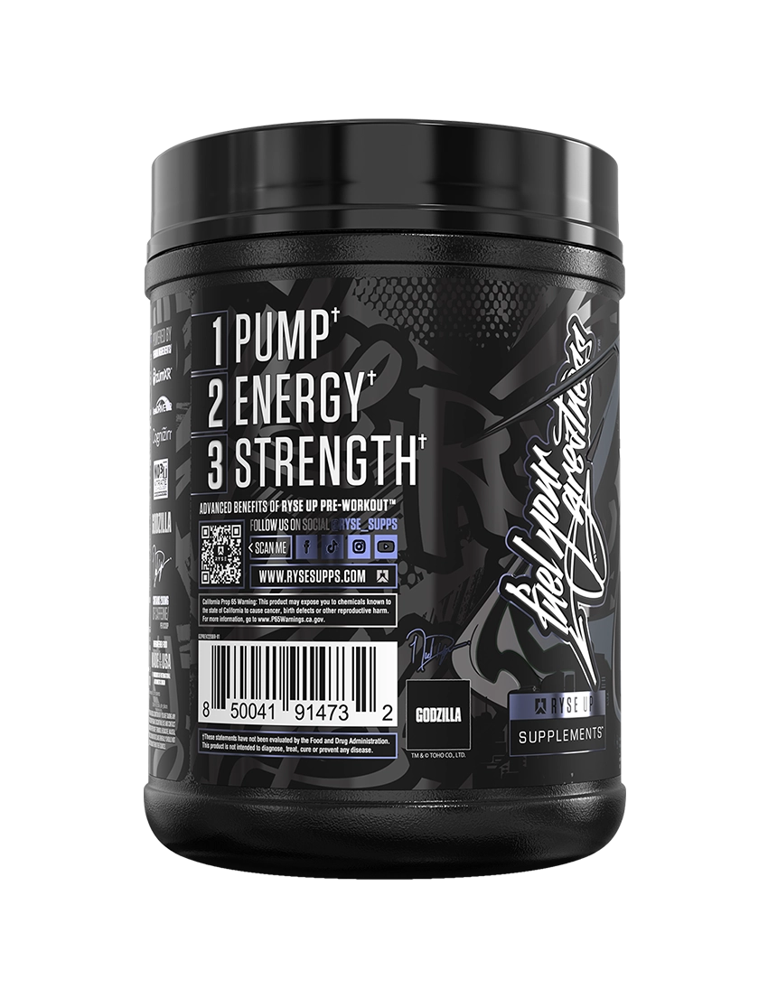 RYSE Godzilla Pre Workout 40 Serve Blue Raspberry Side | ASN
