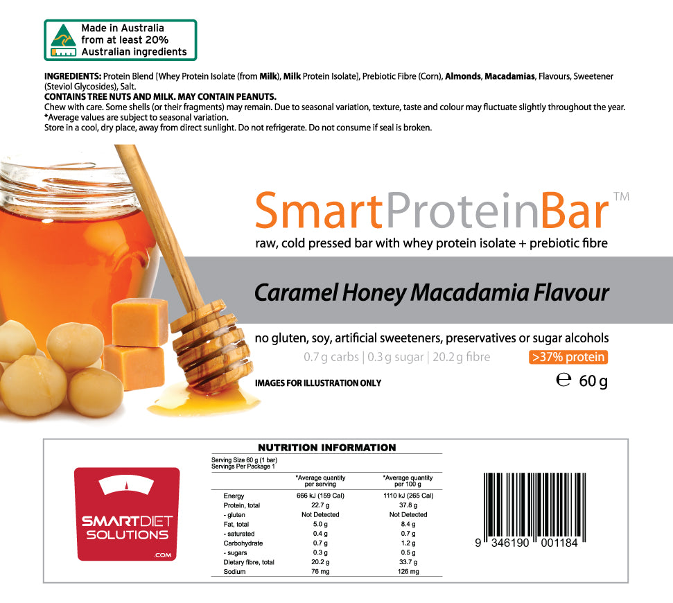 Smart Protein Bar Caramel Honey Macadamia NIP | ASN