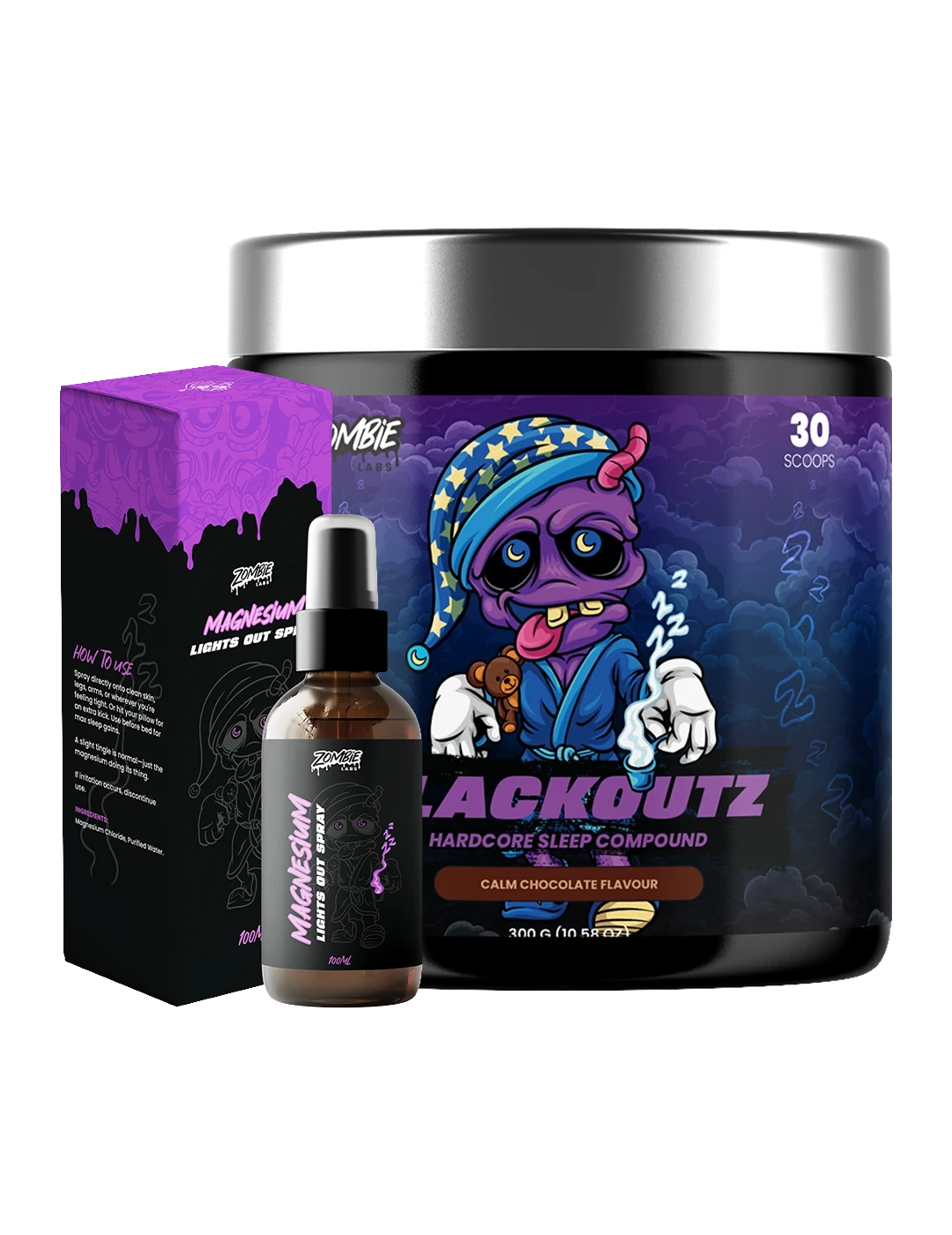 Zombie Labs BLACKOUTZ Sleep Formula + Free Magnesium Spray Calm Chocolate with Magnesium Lights Out Spray Bundle – Zombie Labs | ASN