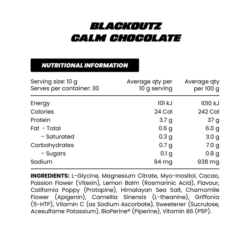 Zombie Labs BLACKOUTZ Calm Chocolate Nutrition Information Panel | ASN